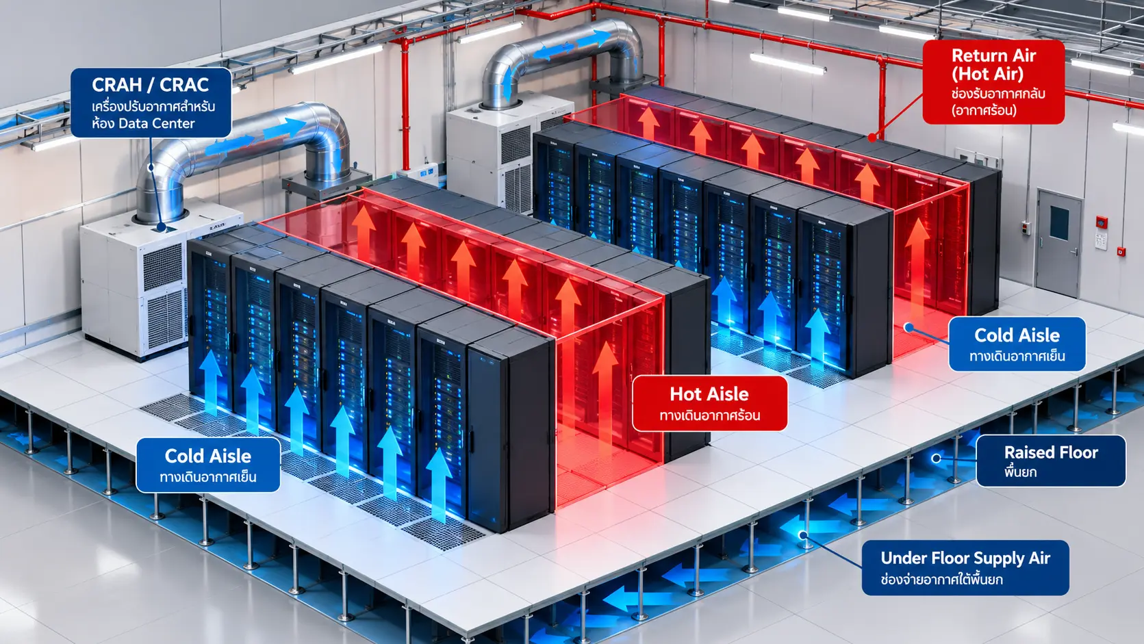 ไดอะแกรม Hot Aisle Cold Aisle และ Raised Floor ใน Data Center